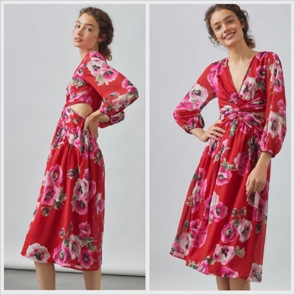 ANTHROPOLOGIE RANNA GILL Red Motif Floral Cut-Out Midi Dress - Picture 1 of 5